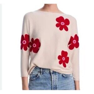 Aaeda Floral Embroidered Dolman Sleeve Sweater XL Beige Red Flowers Boho Peasant